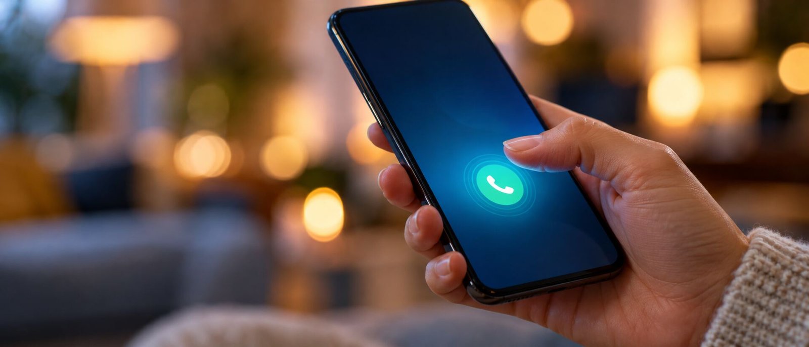 Mano sosteniendo un celular, a punto de hacer una llamada, fondo cálido desenfocado