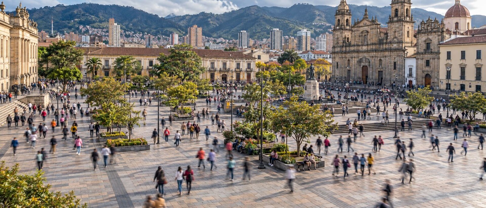 Vista elevada de una plaza peatonal colombiana con muchas personas caminando, anónimas