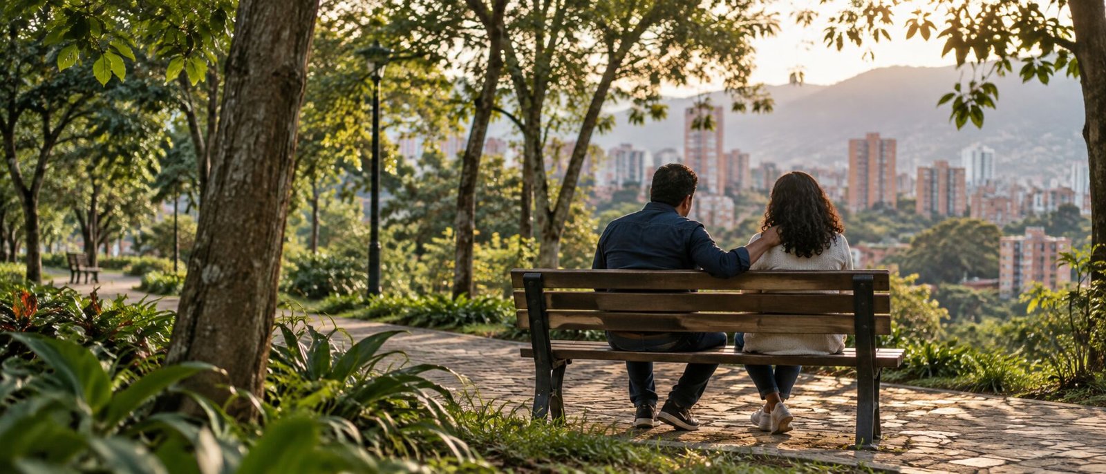 Dos personas de espaldas sentadas en una banca de parque, conversando