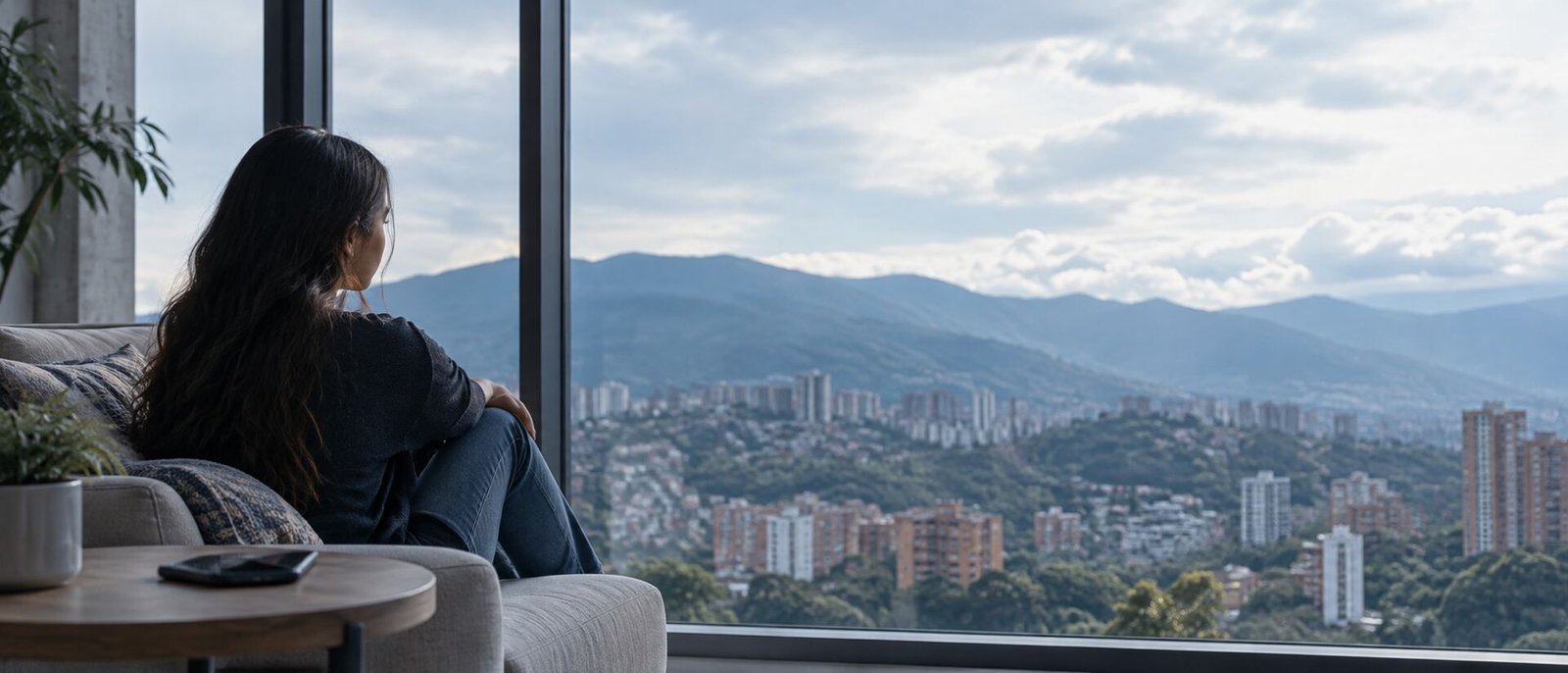Adolescente de perfil junto a una ventana, pensativo, con un celular sobre la mesa