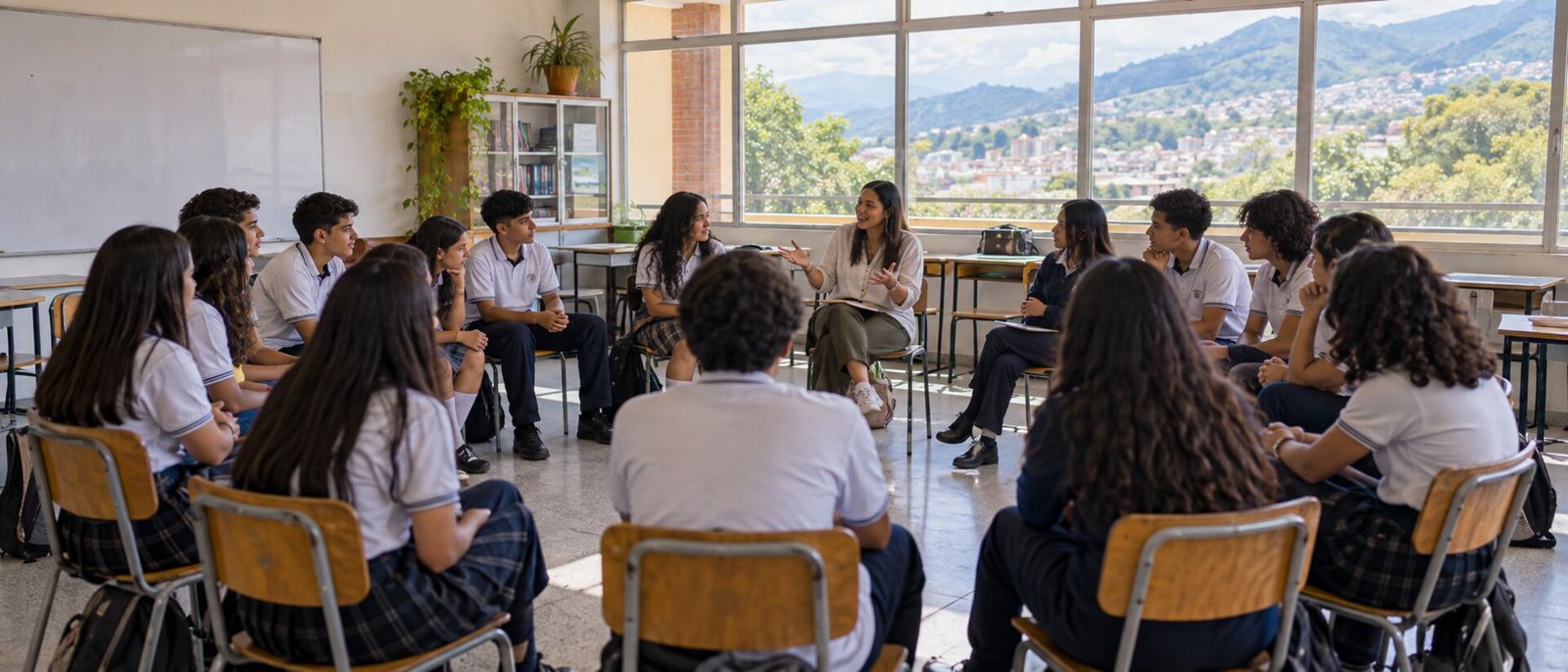 Grupo de estudiantes sentados en círculo con un facilitador, en un taller participativo